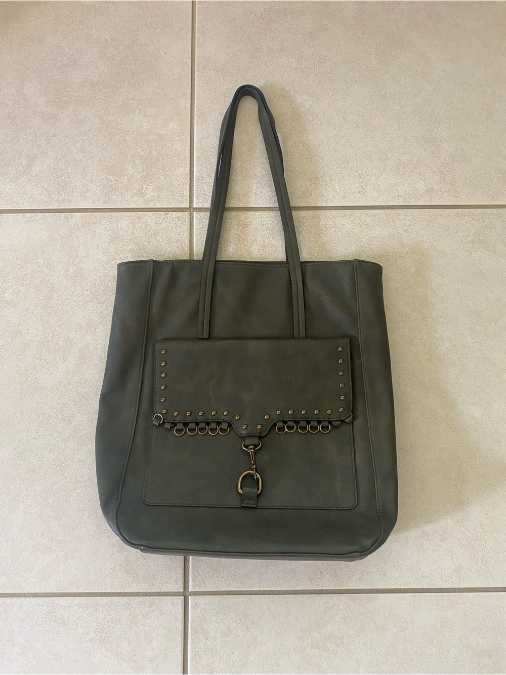 Stud-Accent Dark Green Shoulder Tote Bag